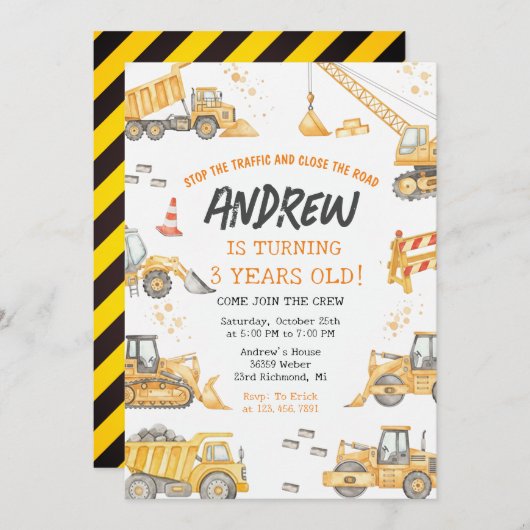 Modern Construction Birthday Party 招待状 (正面/裏面)