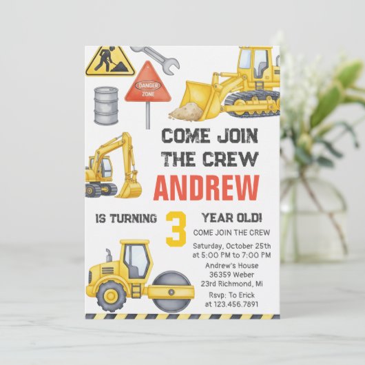 Modern Construction Birthday Party custom photo 招待状 (スタンド正面)