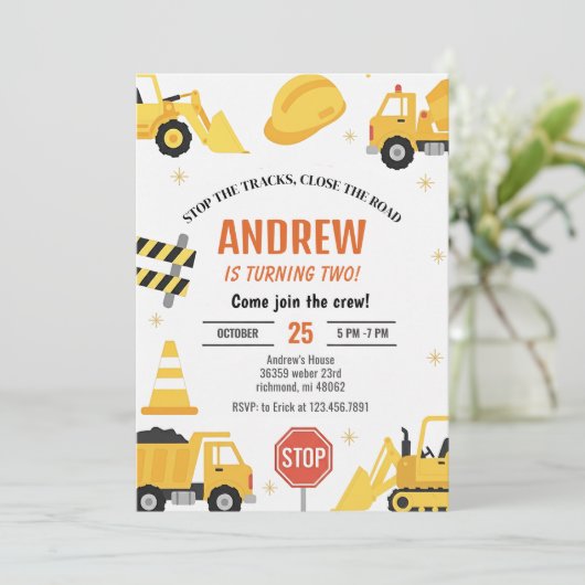 Modern Construction Birthday party Invitation boy 招待状 (スタンド正面)