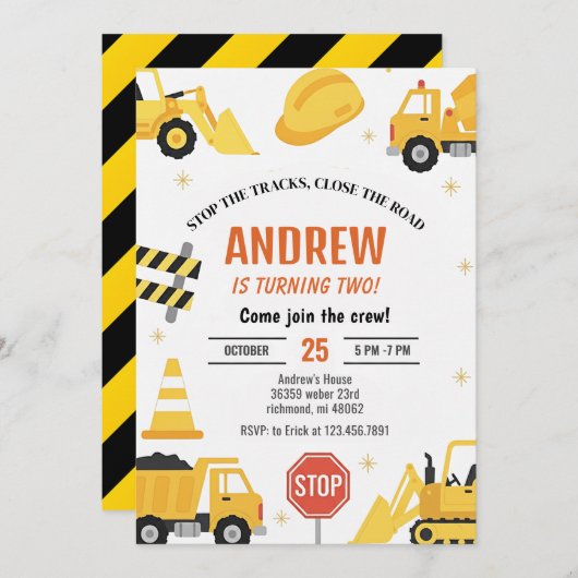 Modern Construction Birthday party Invitation boy 招待状 (正面/裏面)