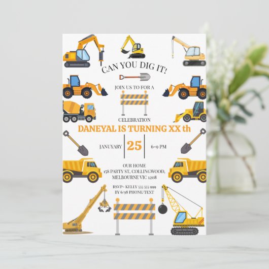 Modern Construction Simple Kid's Birthday 招待状 (スタンド正面)