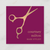 Modern Cool Deep Red Faux Gold Scissor Hairstylist スクエア名刺 (正面)
