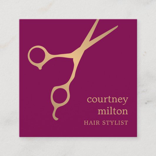Modern Cool Deep Red Faux Gold Scissor Hairstylist スクエア名刺 (正面)