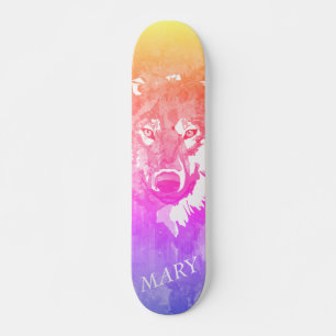 Modern cool orange purple pink watercolor wolf スケートボード