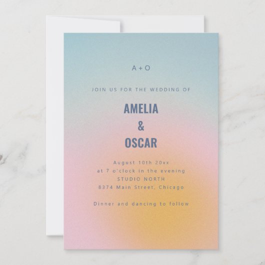 Modern Cool Pastel Blue Pink Gradient Wedding QR 招待状 (正面)