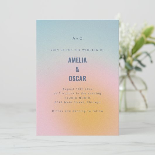 Modern Cool Pastel Blue Pink Gradient Wedding QR 招待状 (スタンド正面)