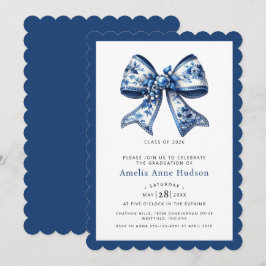 Modern Coquette Blue Floral Bow Graduation Party 招待状