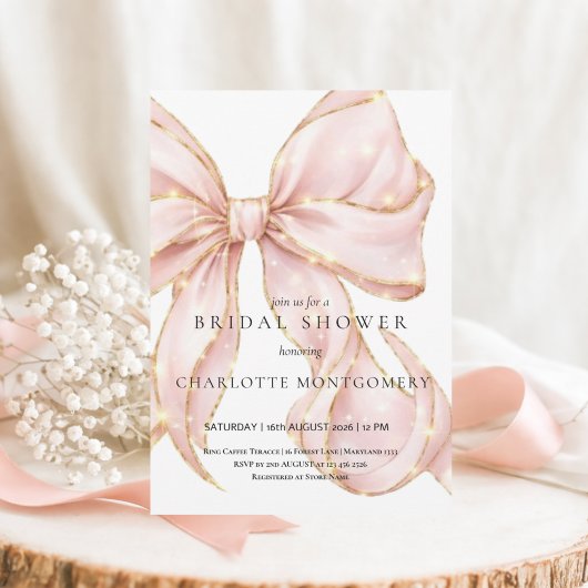 Modern Coquette Pink Bow Bridal Shower 招待状