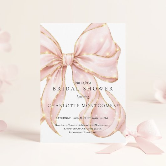 Modern Coquette Pink Bow Bridal Shower 招待状