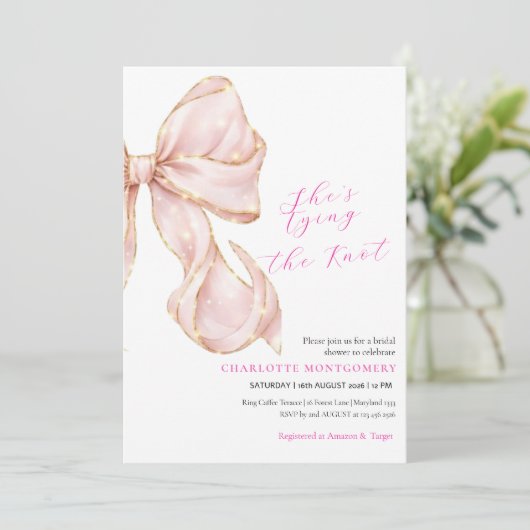 Modern Coquette Pink Bow Bridal Shower 招待状 (スタンド正面)