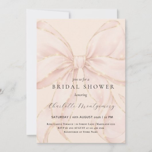 Modern Coquette Pink Bow Bridal Shower 招待状 (正面)