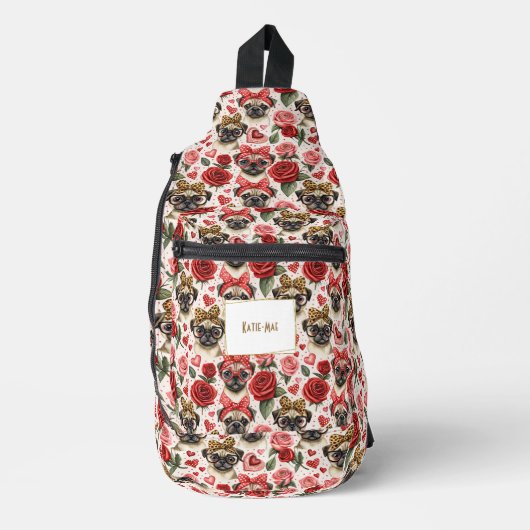 Modern Coquette Pug Dog Pattern Personalised スリングバッグ (正面)