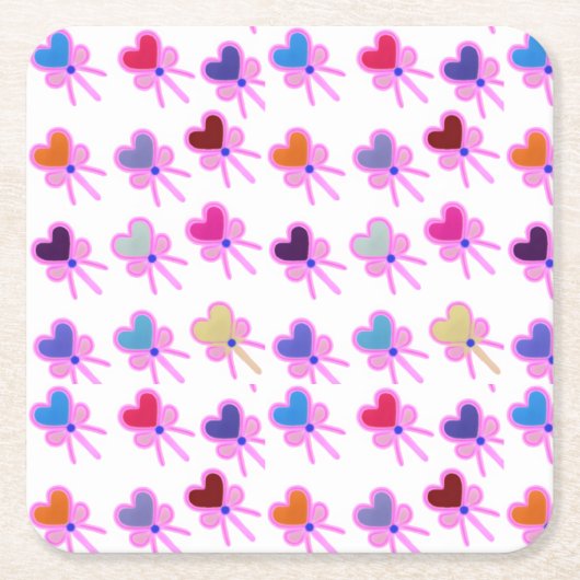 Modern Coquette Radiant Heart Bow Pattern  スクエアペーパーコースター (正面)