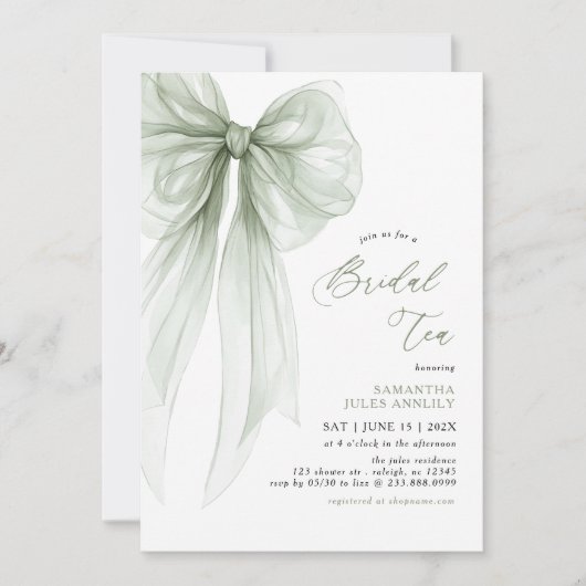 Modern Coquette Sage Green Bow Bridal Tea  招待状 (正面)