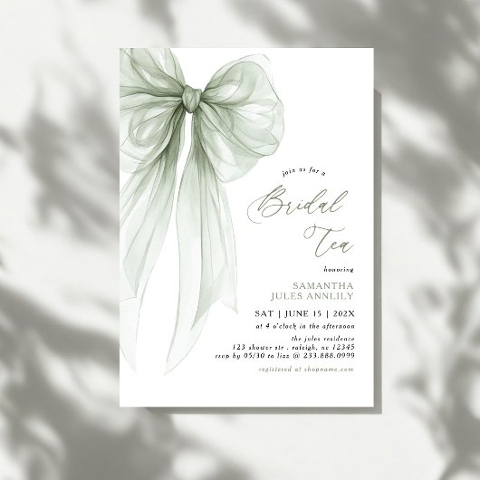 Modern Coquette Sage Green Bow Bridal Tea  招待状