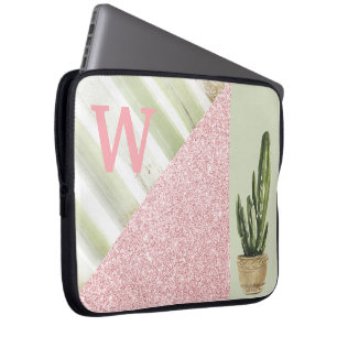 Modern Coral Green Cactus Botanical Monogram ラップトップスリーブ