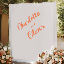 Modern Coral Orange Couple Names Wedding Backdrop タペストリー