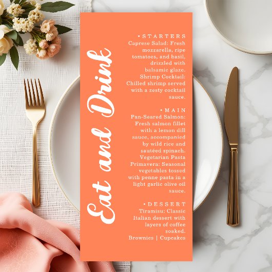 Modern Coral Orange Eat and Drink Wedding メニュー