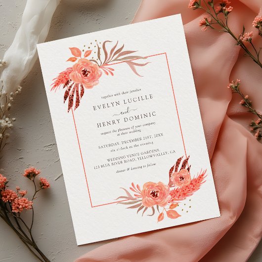Modern Coral Orange Floral Terracotta Wedding 招待状