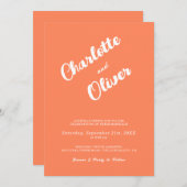 Modern Coral Union Script Orange Wedding 招待状 (正面/裏面)