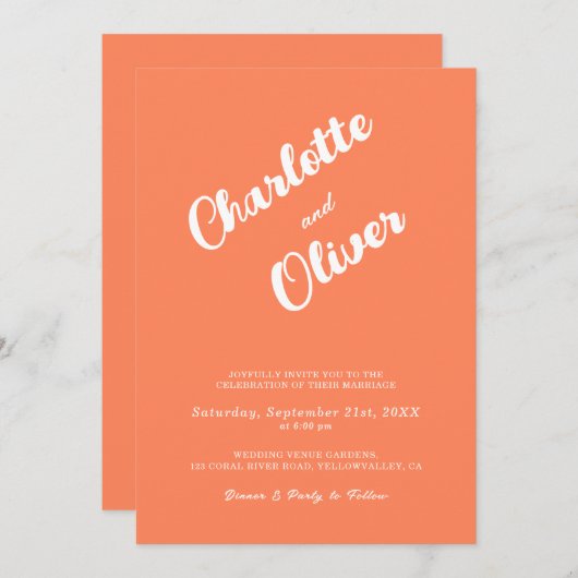 Modern Coral Union Script Orange Wedding 招待状 (正面/裏面)