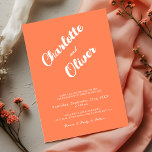 Modern Coral Union Script Orange Wedding 招待状<br><div class="desc">This Modern Coral Union Wedding Invitation features a clean and stylish layout with a warm coral pink background and bold white script typography. The couple’s names are displayed in a modern diagonal layout, creating a fresh and contemporary look. This invitation is perfect for couples who want a minimalist yet warm...</div>