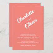 Modern Coral Union Script Pink Wedding 招待状 (正面/裏面)