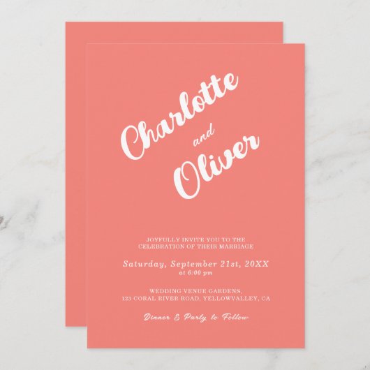 Modern Coral Union Script Pink Wedding 招待状 (正面/裏面)