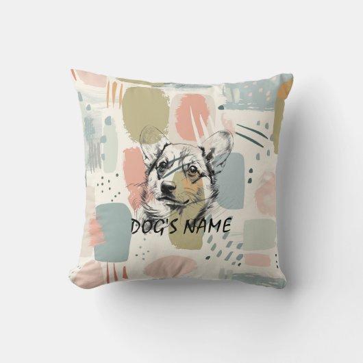 Modern Corgi Portrait – Abstract Pastel Brushstrok クッション (正面)