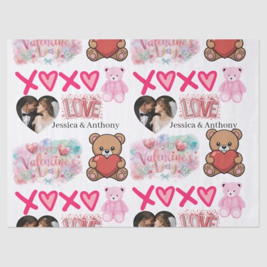 Modern Couple Name and Photo Valentines Day  薄葉紙 (正面)