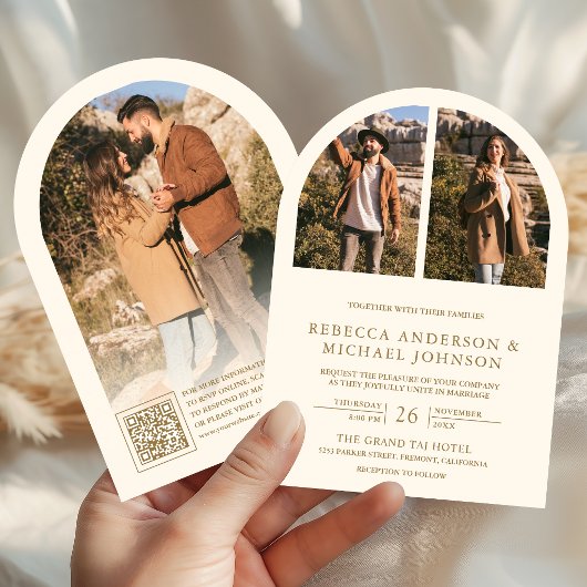 Modern Cream and Gold Arch Photo QR Code Wedding 招待状