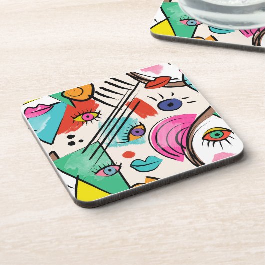 Modern Cubism Abstract Artsy Female Faces Art コースター (左側)