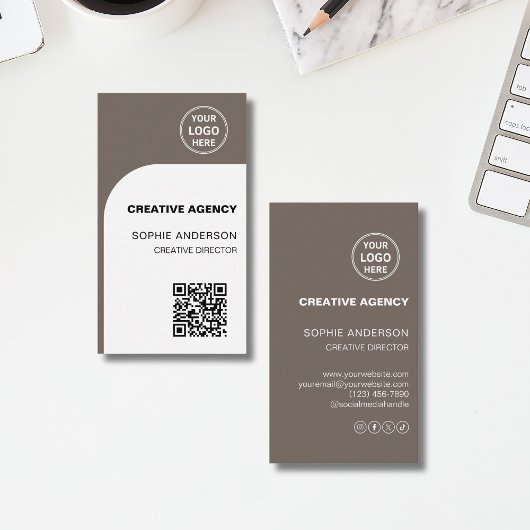 Modern Custom Logo QR Creative Agency Taupe 名刺