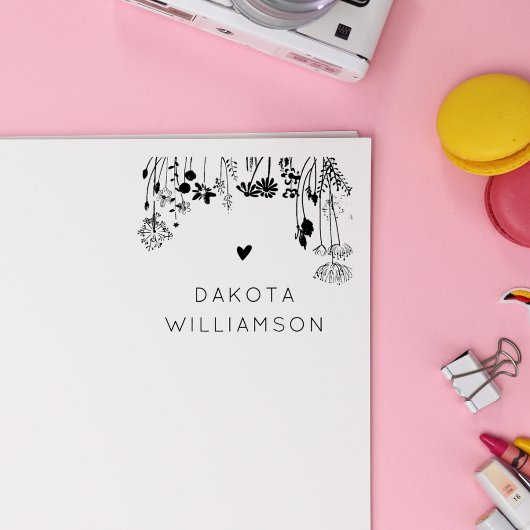 Modern Custom Name Heart Rustic Wildflowers ラバースタンプ