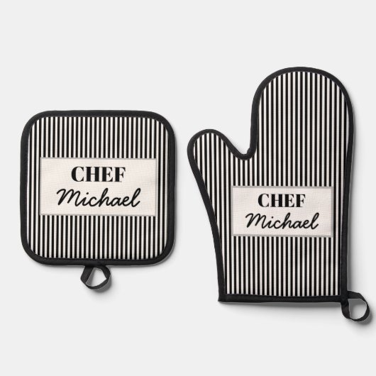 Modern Custom Personalized Chef Black Striped  鍋つかみ&鍋敷きセット (正面)