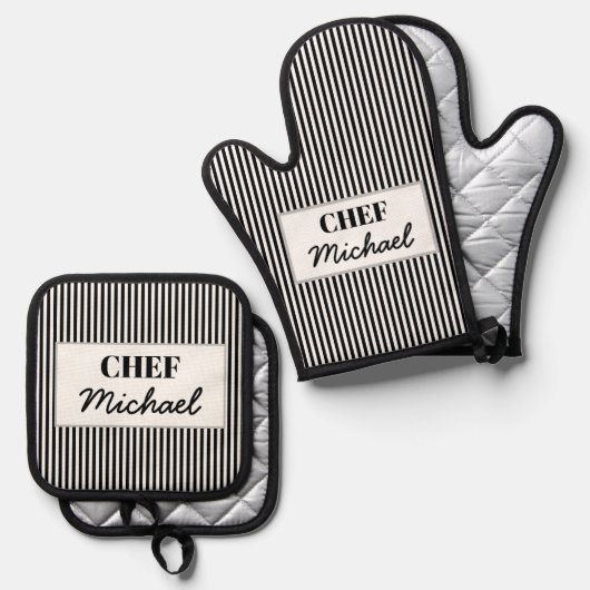 Modern Custom Personalized Chef Black Striped  鍋つかみ&鍋敷きセット (正面/裏面)