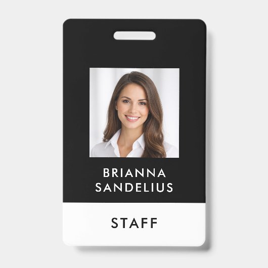 Modern Custom Script Black & White Photo ID Name バッジ (正面)