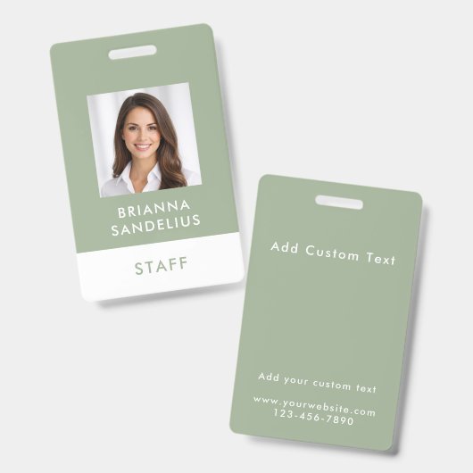 Modern Custom Script Sage Green Photo ID Name バッジ (正面&裏面)