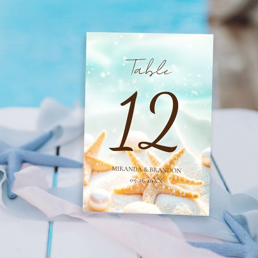 Modern Custom Starfish Shells Ocean Beach Wedding テーブルナンバー