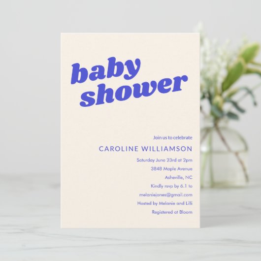 Modern Cute Blue White Retro Baby Shower  招待状 (スタンド正面)