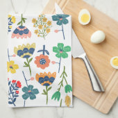 Modern cute botanical pattern Pink Blue yellow キッチンタオル (四つ折り)