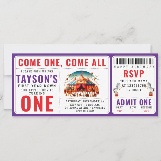 Modern Cute Circus Carnival 1st Birthday Ticket 招待状 (正面)