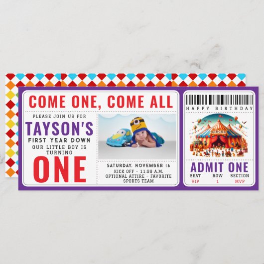 Modern Cute Circus Carnival 1st Birthday Ticket  招待状 (正面/裏面)