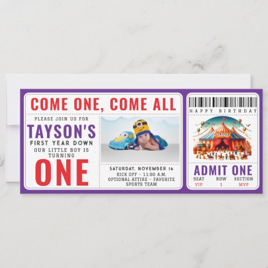 Modern Cute Circus Carnival 1st Birthday Ticket  招待状 (正面)