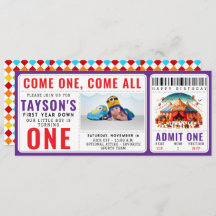 Modern Cute Circus Carnival 1st Birthday Ticket 
