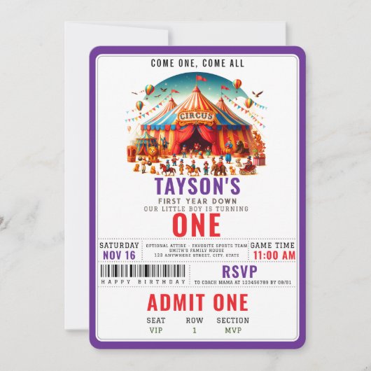 Modern Cute Circus Carnival Festival 1st Birthday 招待状 (正面)