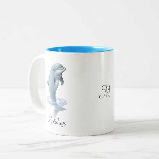 Modern Cute Dolphin, Script and Monogram ツートーンマグカップ (正面左)