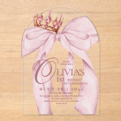 Modern Cute Dusty Pink Bow 1st Birthday アクリル招待状 (正面)