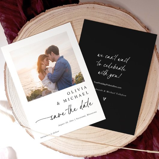 Modern Cute Handwriting Black and White Wedding セーブザデート
