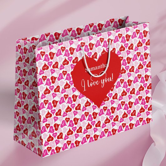 Modern Cute I Love You Text Custom Name Valentine ラージペーパーバッグ